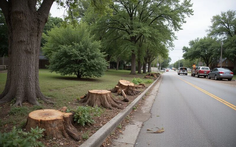 Austin neighborhood with multiple storm damaged trees and exposed stumps after severe weather