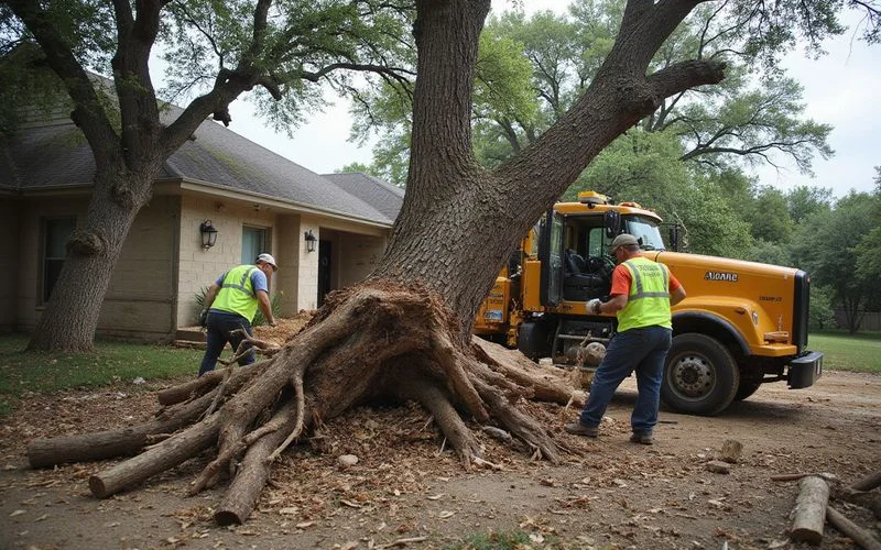 Emergency stump grinding crew removing a hazardous storm damaged stump near an Austin home