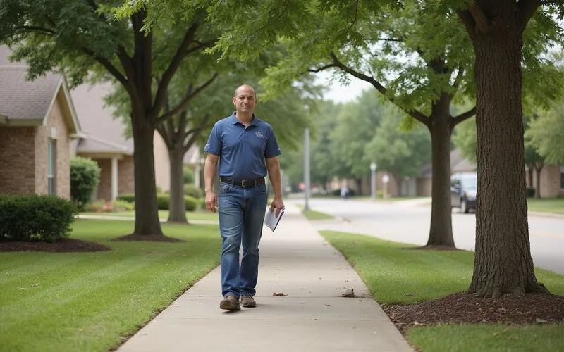 HOA property manager inspecting tree stumps along community sidewalk and common area