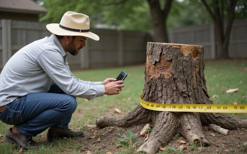 Homeowner photographing storm damaged tree stump with measuring tape for insurance documentation