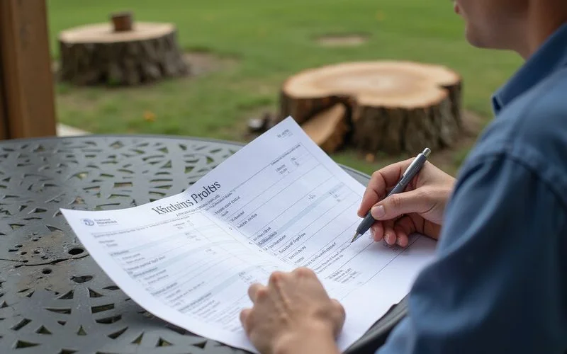 Homeowner reviewing detailed stump grinding quote with itemized pricing and scope of work