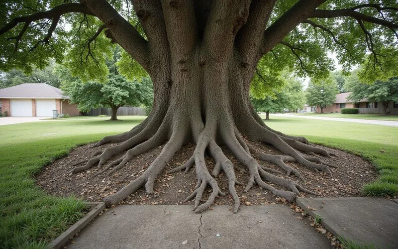 Large live oak tree with surface roots growing toward residential slab foundation in Austin neighborhood
