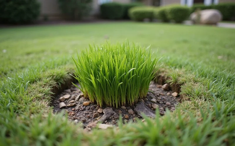 New grass growing over a former stump location in Austin