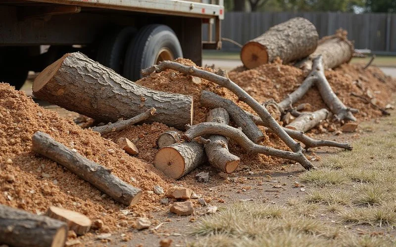 Organized piles of tree debris sorted for hauling in an Austin yard