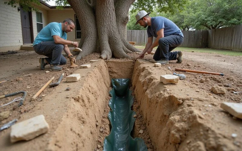 Professional root barrier installation between mature tree and home foundation protecting Austin property