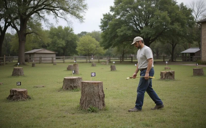 Property owner marking and cataloging multiple tree stumps with numbered flags across an Austin yard