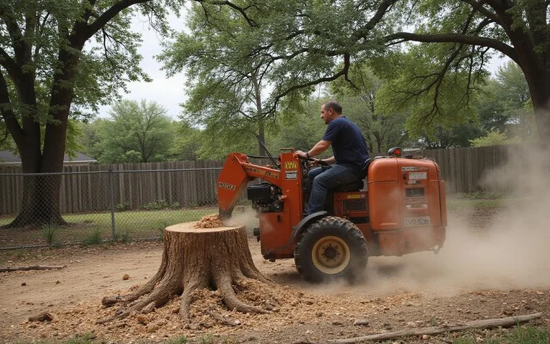 Stump grinding machine processing large tree stump into wood chips in an Austin backyard