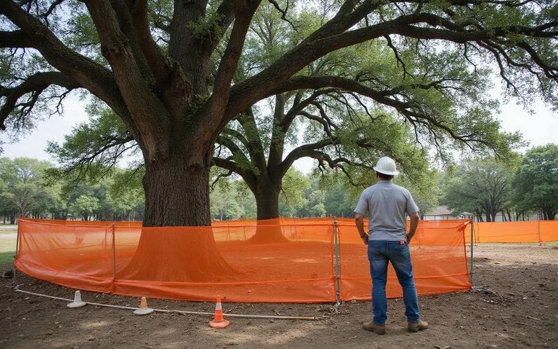 Surveyor marking heritage trees with protective fencing on an Austin construction site