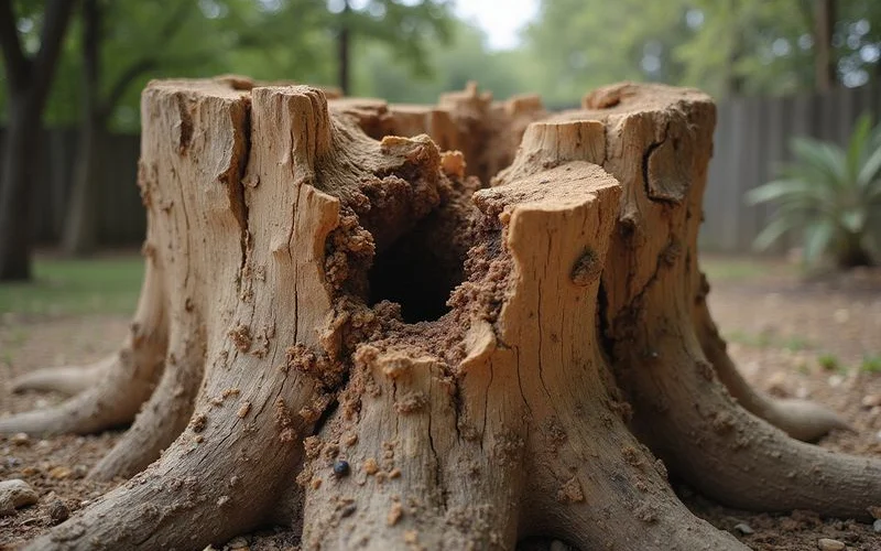 Termite damage visible on a decaying tree stump in Austin
