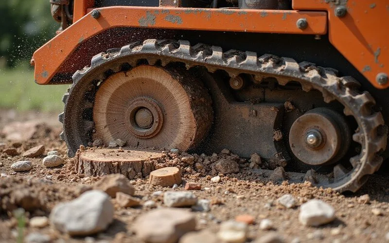 Track mounted stump grinder with carbide teeth cutting through hardwood stump in rocky Texas soil